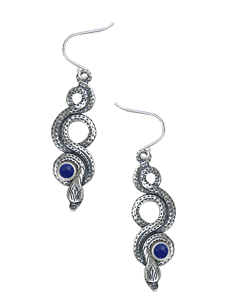 Sterling Silver Snake Drop Dangle Earrings With Lapis Lazuli